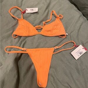 SOLID & STRIPED Orange Ribbed Triangle Bikini Set